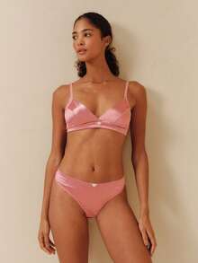lacRébo Pink Stretch Satin Lingerie Set With Triangle Bra, Matching Brief And Flower Trim Cute Romantic - Pink - View 3