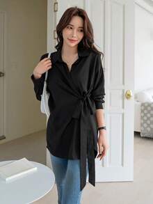 DAZY Tie Side Drop Shoulder Shirt,Fall Clothes Preppy Tops Long Sleeve Top - Black - View 5
