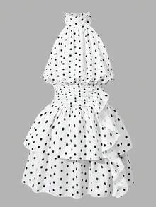 SHEIN 青少年女孩白色黑波點掛脖連身洋裝，內建短褲，後背蝴蝶結設計，抓皺腰部配側邊荷葉邊飾，雙層裙襬，無袖露肩度假風洋裝 - 黑與白 - 查看 6
