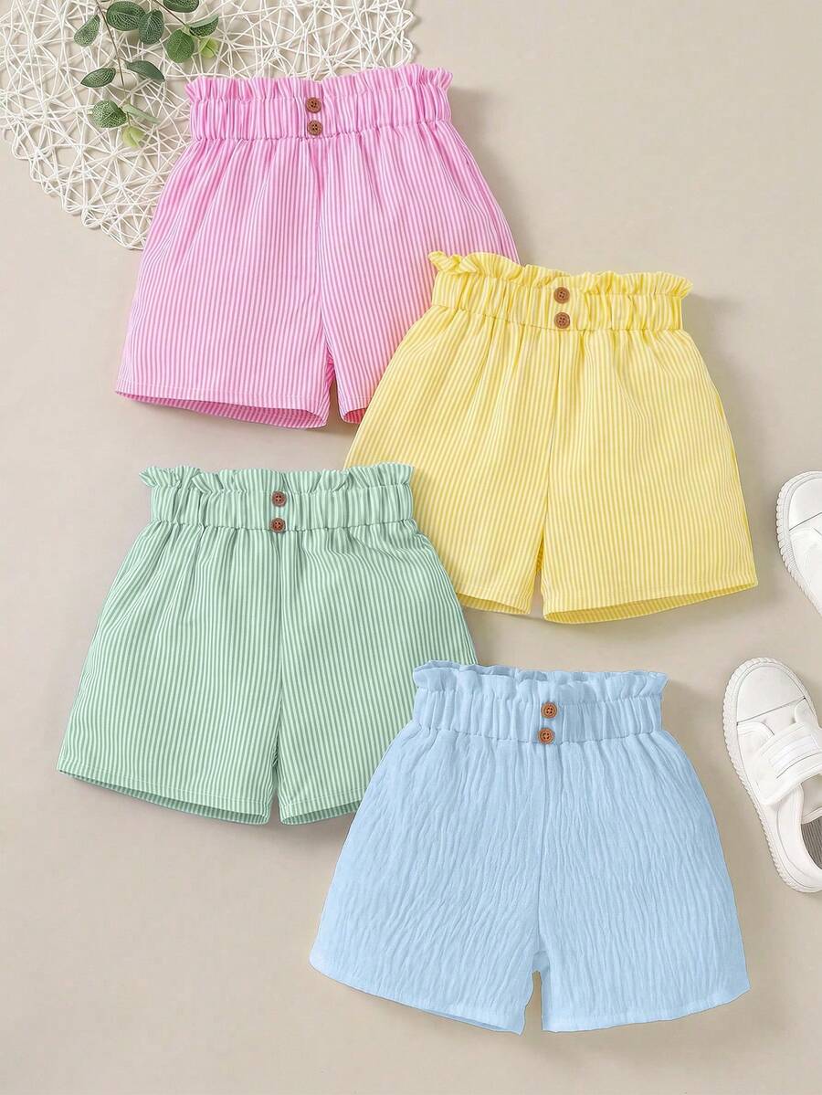 SHEIN Sparklyn 4件組女童條紋鬆緊腰寬鬆夏季短褲套裝 返校季 - 彩色 - 查看 1