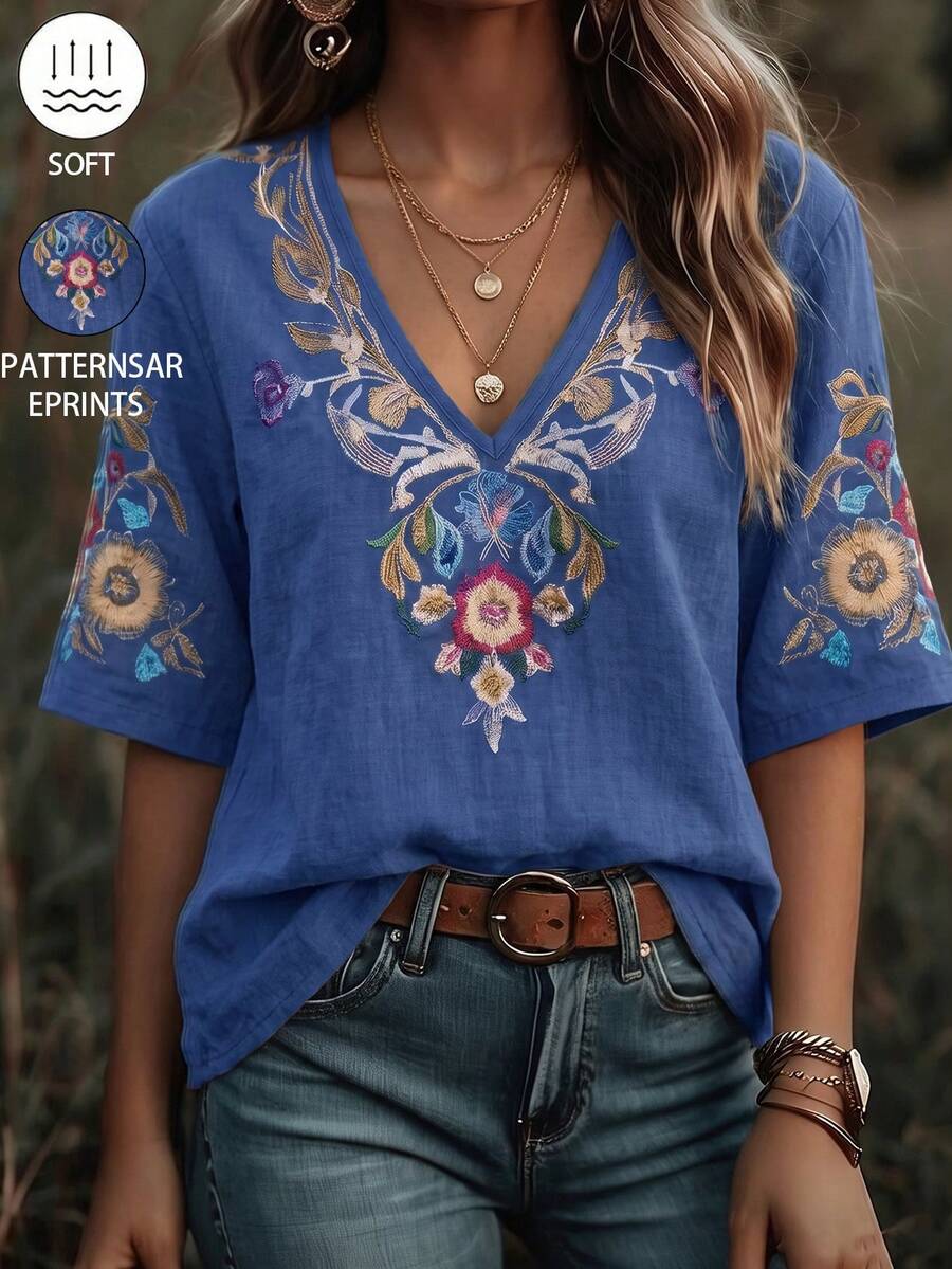 EMERY ROSE Women's V-Neck Printed Short Sleeve Blouse, Casual Matrix Versatile, Office Night Vacation Blue And Yellow Summer - Multicolor - View 1