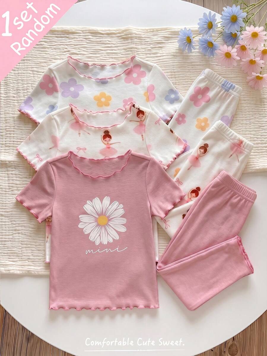 SHEIN 【隨機發送1套】女嬰睡衣 春/夏/四季通用 可愛甜美跳舞女孩、花朵、愛心圖案組合印花 波浪飾邊設計 圓領短袖套頭上衣搭配長褲 2件套居家服 1套 - 白色 - 查看 1