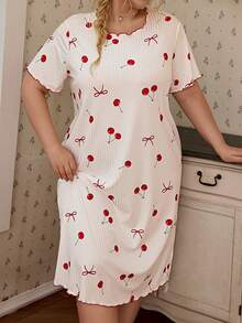 CottageSlumber Plus Size Women's Frill Trim Ribbed Knit Cherry Print Nightgown - White - View 1