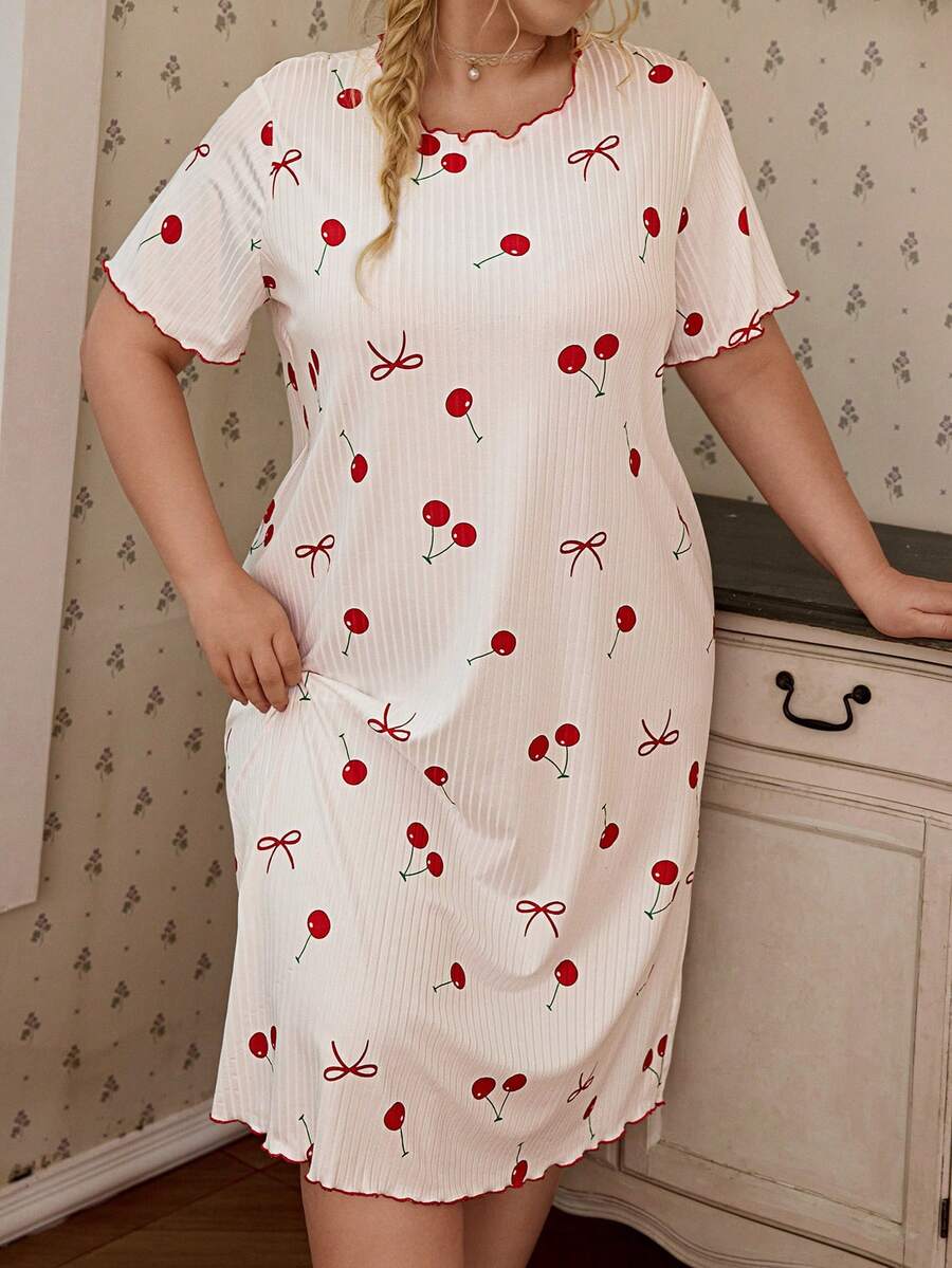 CottageSlumber Plus Size Women's Frill Trim Ribbed Knit Cherry Print Nightgown - White - View 1