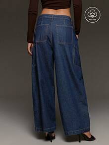 BAD SUNDAY Women's Fashion Versatile Button Pocket Loose Wide Leg Denim Jeans - Dark Wash - View 3