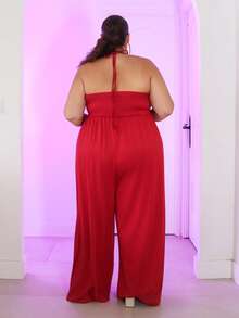 Pretty and Ole Plus Size New Spring/Summer Sexy Black Fitted High-Waisted Cold-Shoulder Jumpsuit, Casual & Slimming - Burgundy - View 2