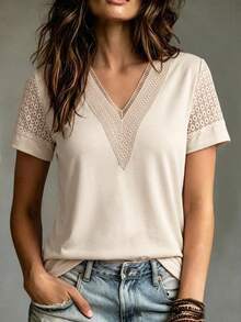 EMERY ROSE Camiseta de mujer con cuello en V y manga corta moderna, de color bloque y huecos en la tela - Albaricoque - Ver 8