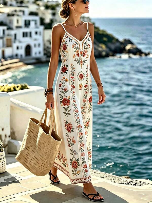 Selamara Women's Floral Print Casual Vacation Travel Summer Long Maxi Strap Dress
