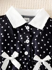 SHEIN Playful Pals 女嬰領口泡泡袖圓點 2 合 1 A 字裙 可愛黑色圓點經典廓形 - 黑色 - 查看 2