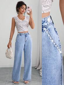 SHEIN Clasi Street Style Casual Light Blue Washed Versatile Button Rivet Detail Chain Hardware Wide Leg Straight Daily Wear Jeans For Women - Light Wash - View 1
