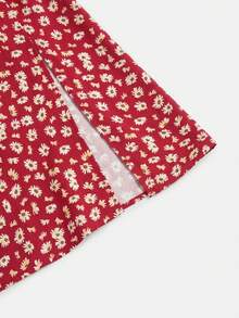 lacRébo Dark Red Floral Sleeveless Midi Dress With Sweetheart Neckline, Smocked Back And Side Slit Summer Autumn Holiday Brunch Vacation French Romantic - Red - View 8