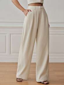 Anewsta Essential Women's Summer Linen Natural Color Straight Leg Casual Draped Old Money Style Long Pants - Apricot - View 4