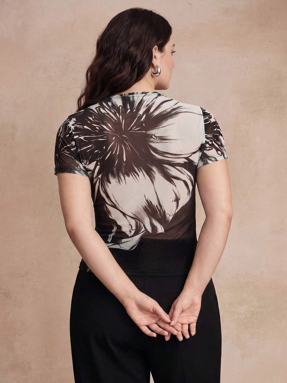 Spring/Summer New Elegant Fashion Casual Holiday Outing Date Print Elastic Mesh Short Sleeve Plus Size Women's Top