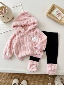 SHEIN Vintaside Kids 2pcs/Set Baby Girl Sweatshirt Set, Autumn Fuzzy Wheat Jacquard Light Pink Black And Pink Long Sleeve Hooded Bow Decor, Long Pants, Family Matching - Pink - View 5