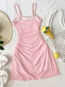 SHEIN Tween女孩休閒日常百搭舒適修身細肩帶洋裝 - 粉色 - 查看 2