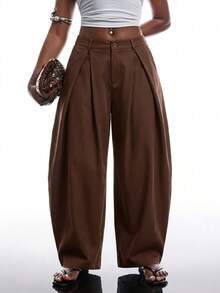 SHEIN EZwear 大码休闲街头风宽松弧形裤脚棕色长裤，秋冬款 - 棕色 - 查看 1