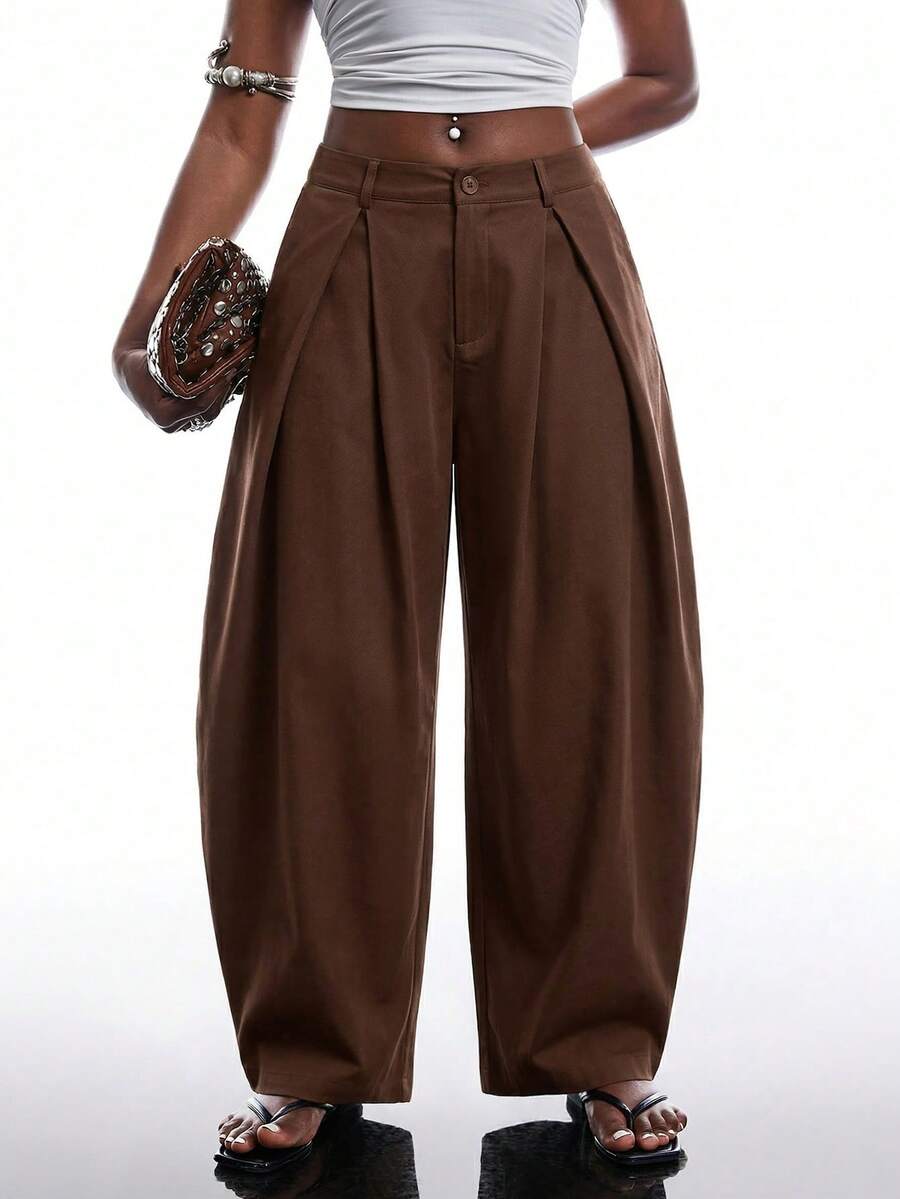 SHEIN EZwear 大码休闲街头风宽松弧形裤脚棕色长裤,秋冬款 - 棕色 - 查看 1