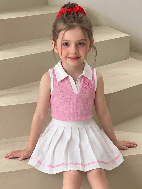 Elladie kids Girls 2pcs Set Preppy Style Bow Embroidery Back To School Season Turn-Up Collar Sleeveless Vest Top And Webbing Trim Pleated Skirt Suitable For Summer