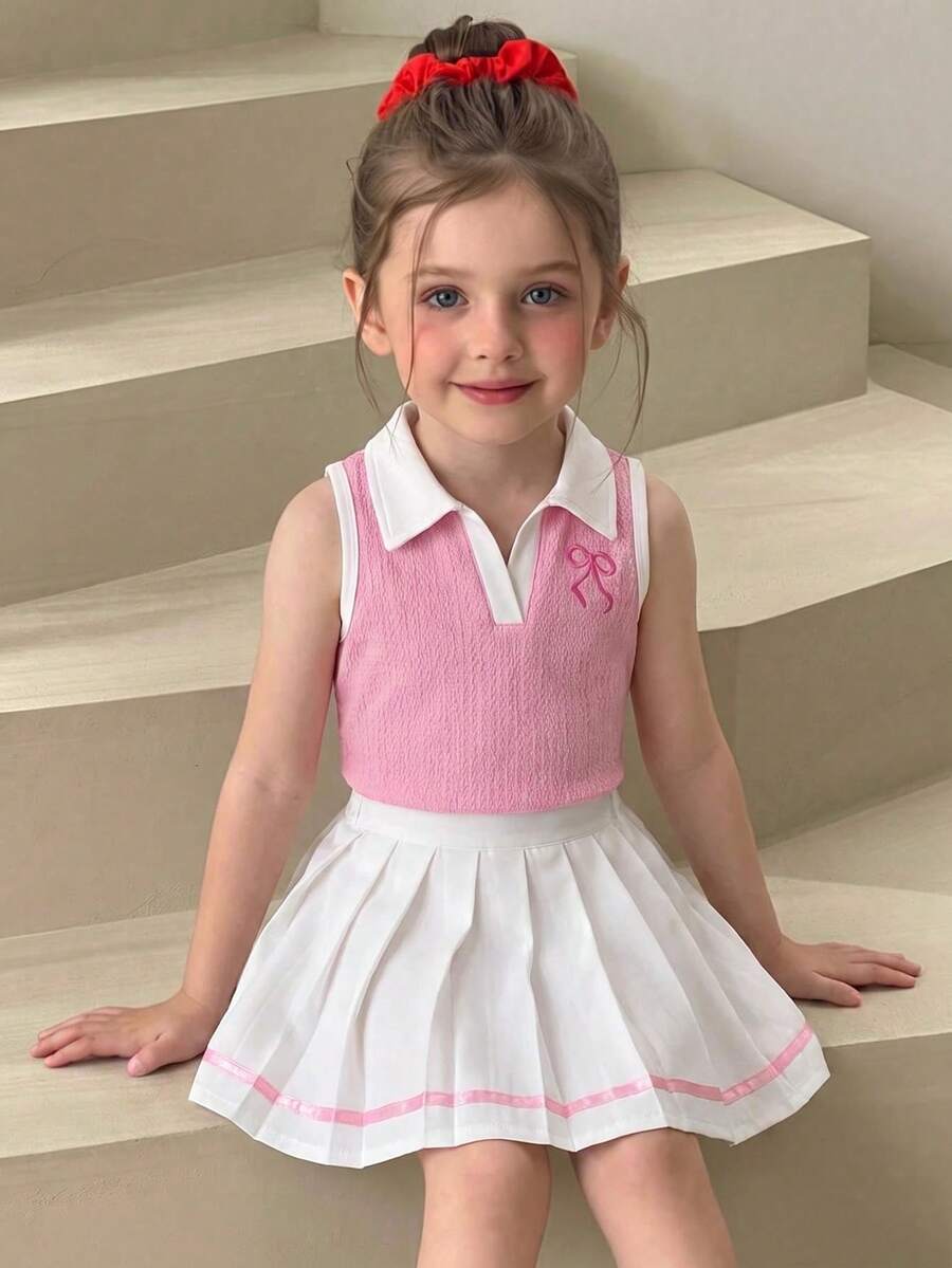 Elladie kids 女童2件組學院風蝴蝶結刺繡開學季翻領無袖背心上衣與織帶飾邊百褶裙，適合夏季開學季，甜美可愛休閒風