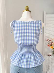 Comfortcana Plus Size Vacation Plaid Tie-Front Ruffle Hem Top Light Blue Summer Fairycore Cute Kawaii Wedding Guest Dates Date Night - Blue - View 2