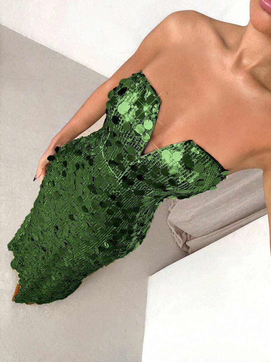 SHEIN Glamour 女款亮片拼接優雅收腰抹胸派對洋裝