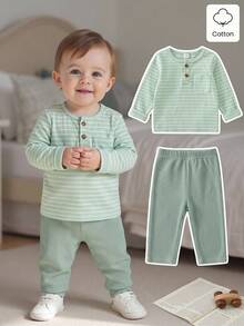 Souflis Souflis 2pcs Toddler Baby Boy Clothes Casual Striped Button Pocket Long Sleeve Soft Top And Pants 2 Piece Sets Outfit Vacation Summer Baby Boy Clothing Sets - Green - View 1