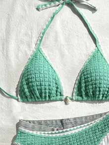 Swim Vcay 女款兩件式泳衣套裝，特殊面料，掛脖綁帶，露背，貝殼設計，夏季度假海灘 - 彩色 - 查看 4
