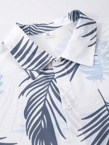 SHEIN 青少年夏季新款度假風全身印花短袖襯衫與短褲休閒兩件套 - 藍色 - 查看 3