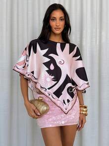 Aloruh Women's Elegant Square Neck Asymmetrical Batwing Sleeve Satin Printed Blouse - Multicolor - View 8