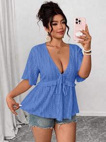 Elenzga Áo blouse size lớn vải thêu rỗng cổ chữ V tay ngắn chiết eo dáng chữ A gấu bèo thắt nơ trước, thanh lịch thường ngày đi làm hẹn hò tiệc tùng du lịch - Xanh đậm - Xem 7