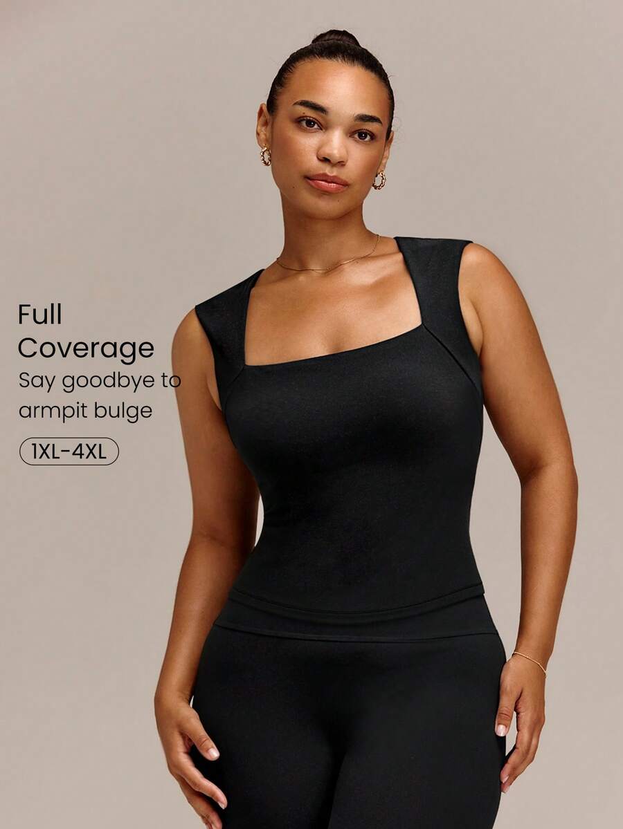 GLOWMODE FeatherFit™ Plus Size Let Your Glow Show Square Neck Waist Length Tank With Removable Cups Low Impact Yoga Pilates Studio Daily Active - Black - View 1