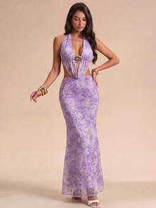 Allurite Summer Purple Floral Mesh Printed Embroidered Halter Neck Exposed Waist Long Dress With Metal Buckle Design Sexy Hot Girl Style Fishtail Skirt Beach - Purple - View 4