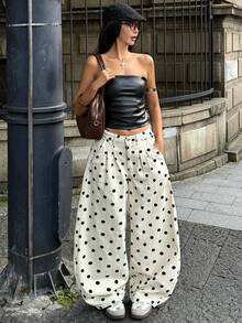 Coolane Women's Summer Fall Streetwear Going Out Casual Vintage Cotton Black Polka Dot Pattern Low Waist White Jeans Banana Harem Pants - Black and White - View 7