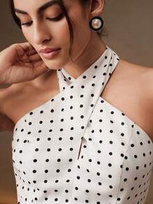 Anewsta Women's White And Black Polka Dot Print Halter Neck Tank Top, Sexy Retro 1960s Vintage Summer Lace Trim Camisole Brunch Party - Black and White - View 6