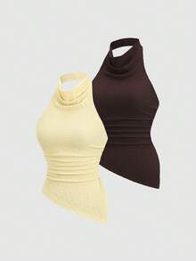 Sweetra Women's New Fashion Versatile Halter Neck Backless Knit Elastic Textured Sleeveless Tank Top With Asymmetrical Hem, Multi-Color Light Yellow And Coffee Set - Multicolor - View 3