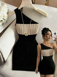 Franclia Fashion Slim Sexy Asymmetric Neck Textured Patchwork Short Dress For Women - Black - View 5