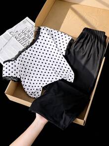 Tween Girls T-Shirt Set, Asymmetrical Shoulder, Lace Patchwork, White, Polka Dot, Short Sleeve T-Shirt + Long Pants 2 Pieces Set - White - View 5