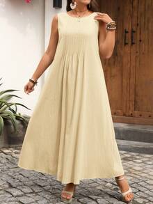 Rosumi Women's Plus Size Patchwork Vacation Casual Sleeveless Pullover Maxi Dress - Khaki - View 5