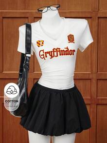 HARRY POTTER X SHEIN Camiseta de mujer de manga corta con cuello en V y estampado de letras, versátil y de moda - Blanco - View 2