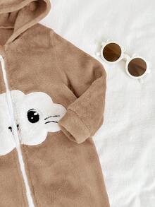 SHEIN Baby Girl Cute Cartoon Cloud Pattern Applique Embroidery Hooded Zipper Front Flannel Romper, Suitable For Autumn And Winter - Camel - View 4