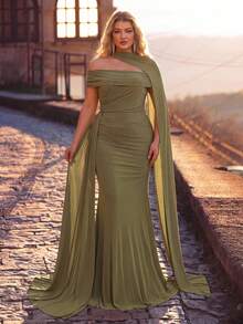 Glamrae Plus Size Olive Green Spring Elegant Formal Prom Wedding Chiffon Off-Shoulder Shaping Fish Bone Fish Tail Pleated Side Drape Multi-Wear Halter Dress - Green - View 2