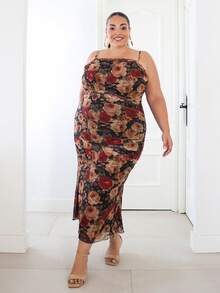 Pretty and Ole Vestido Midi Talla Grande Vintage Años 70 con Estampado Floral de Pintura al Óleo, Fruncido, Ajuste Ceñido, Bajo de Sirena, Estilo Bustier y Corsé, para Citas, Verano y Fiesta - Multicolor - Ver 4