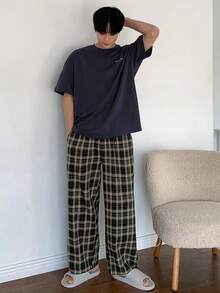 DAZY 男士夏季字母印花T恤和格子短裤两件套睡衣套装 - 藏蓝色 - 查看 7