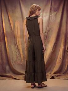 Fembélia Women's Solid Color Patchwork Ruffle Wide Leg Sleeveless Jumpsuit - Brown - View 2