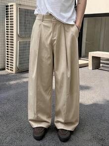 Manfinity Hypemode 男士卡其色長褲，休閒時尚百搭寬腿長褲 - 卡其色 - 查看 3