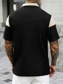 Manfinity CasualCool 男士夏季休閒拼色拼接短袖 Polo 衫 - 黑色 - 查看 2