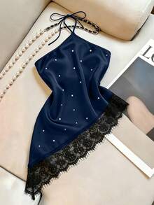 GlowEve CURVE 大尺碼人造珍珠裝飾蕾絲拼接掛脖綁帶上衣 - 藏蓝色 - 查看 3