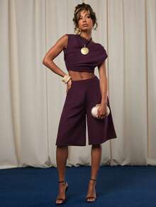 NYA SZN Matching Set Top And Short Sleeveless Loose Bubble Hem Cropped Pant High Waisted Rise Pocket Detail Purple Satin Outfits For Women - Purple - View 1