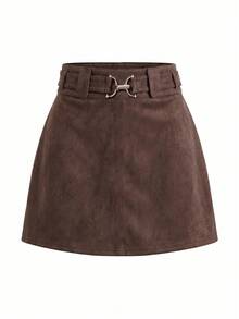 SHEIN Clasi 女款純色A字直筒高腰附腰帶裙 - 棕色 - 查看 3