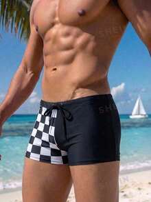 Surfspeed 2026 New Spring/Summer Men's Colorblock Plaid Pattern Elastic Waist Comfortable Casual Sexy Beach Party Square Swim Trunks Black - Black and White - View 3
